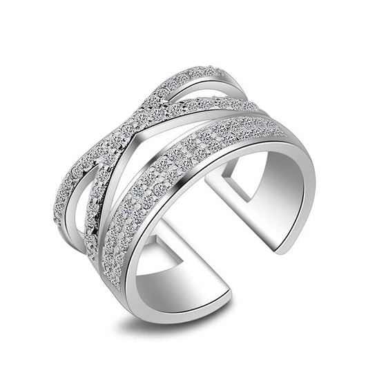 Womens Cross Twist Double Layer Rhinestone Adjustable Rings