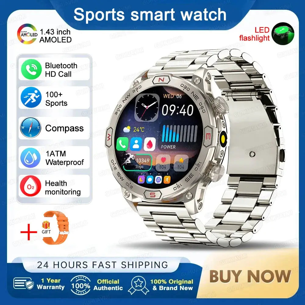 Smart Watch Mens 1.43-Inch HD AMOLED Screen GPS Compass Bluetooth. fashion smart Watch,Fit Bit Mens Watch,Mens Smart Watch