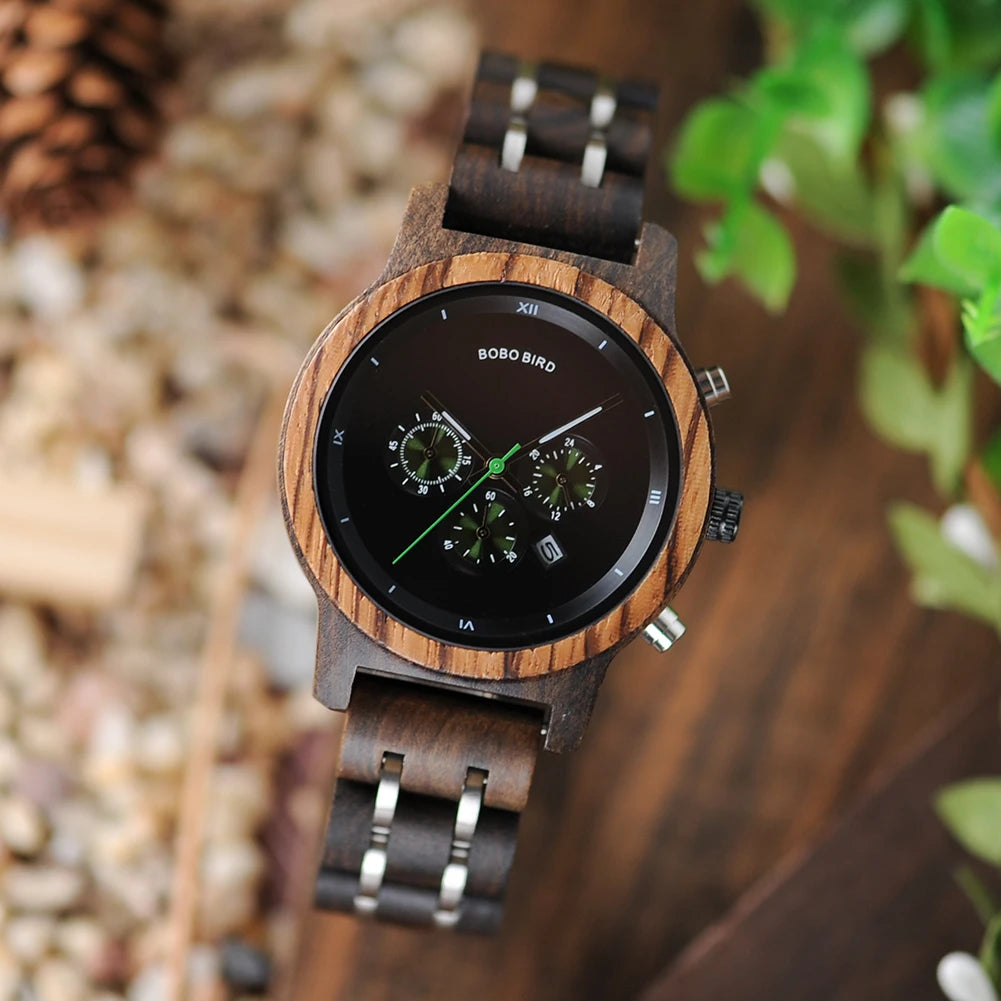 Women Chronograph Watch With Auto Date Versatile Wooden Timepieces.