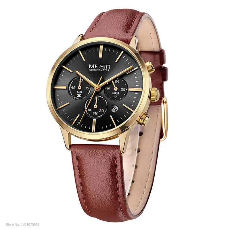 Chronograph Date Indicator Brown Leather Strap Quartz Watch for Women.