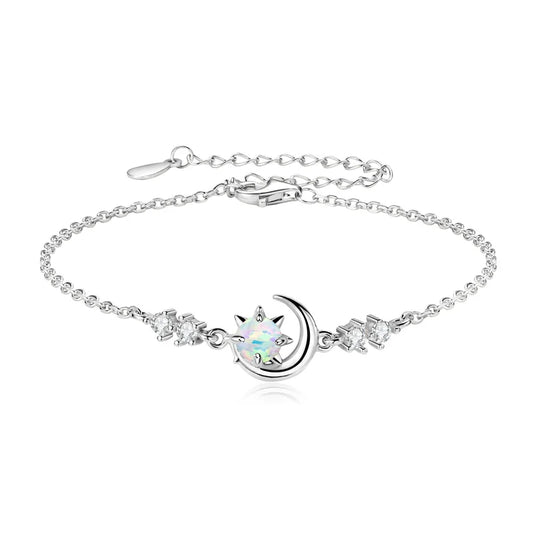 Womens White Silver Chain Opal Sun and Moon Bracelet