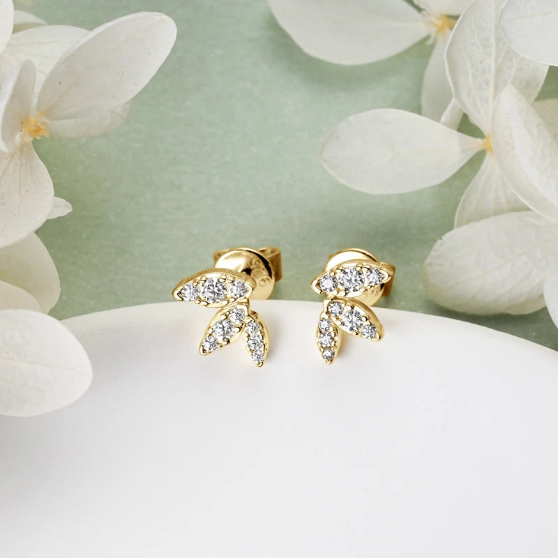 Womens Leaf-shape Moissanite Silver Mini Studs Earrings