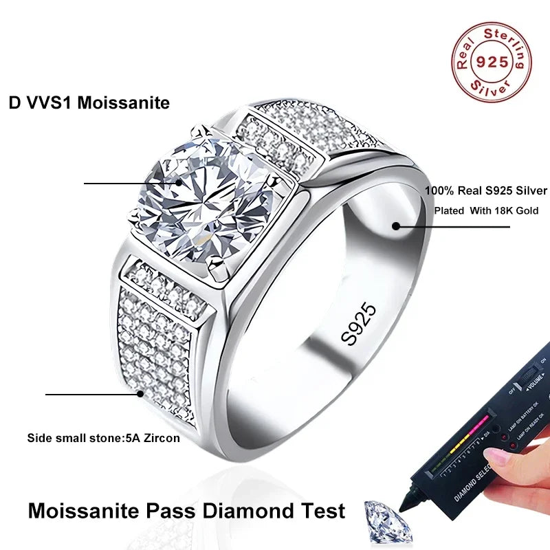 Men's Sterling Silver Gold Plated Moissanite Wedding Ring