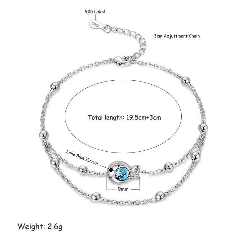 925 Sterling Silver Blue Zircon Double Layer Anklets