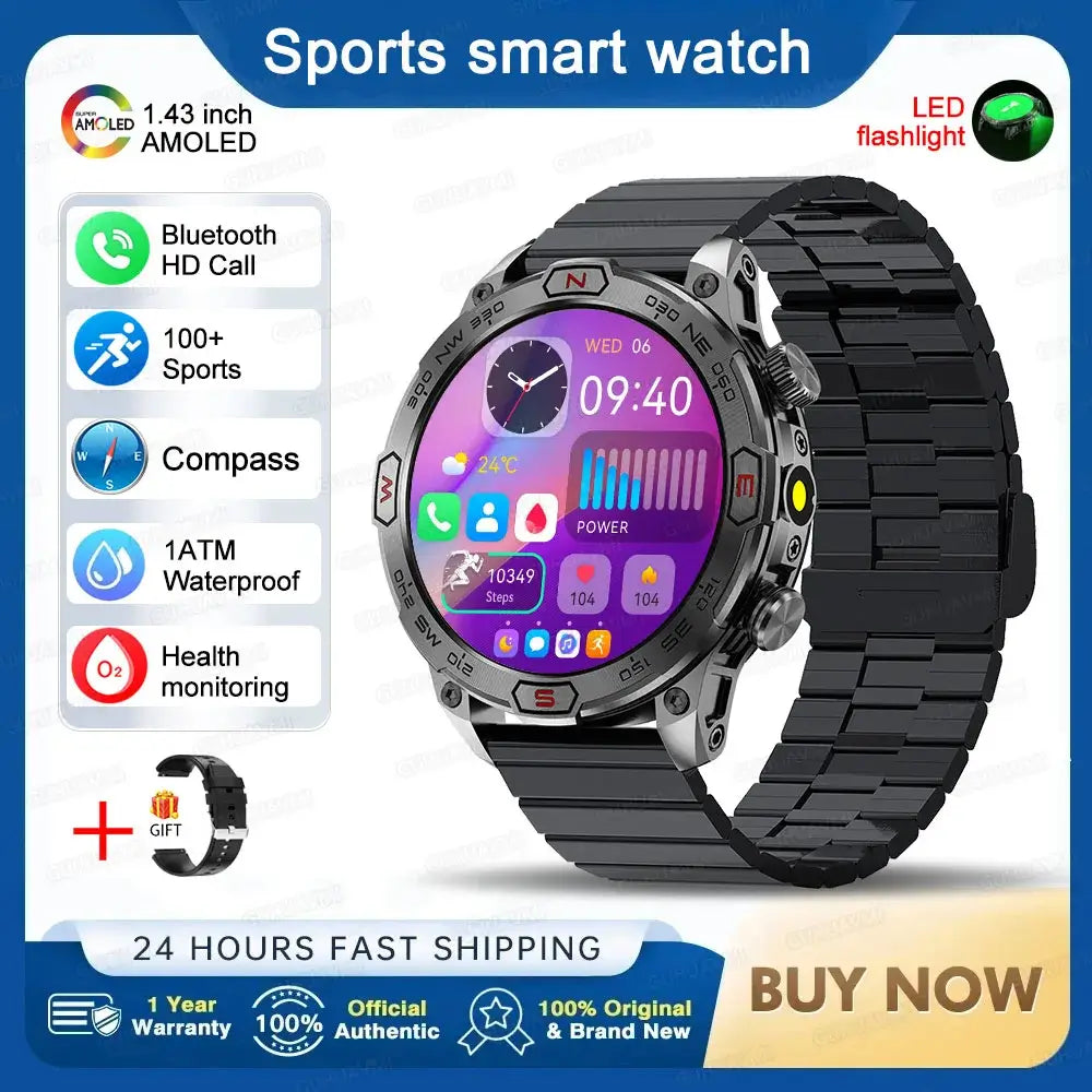 Smart Watch Mens 1.43-Inch HD AMOLED Screen GPS Compass Bluetooth. fashion smart Watch,Fit Bit Mens Watch,Mens Smart Watch