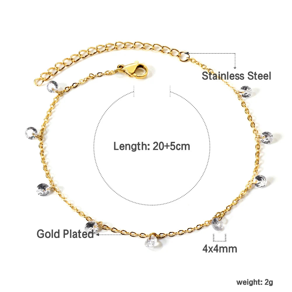 Stainless Steel Anklet for Women Cubic Zirconia Crystal Charm.