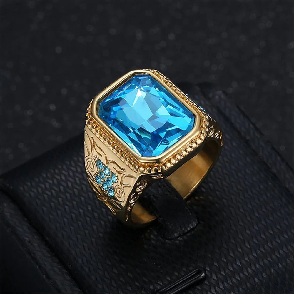 Hip Hop Stainless Steel Blue Square Ring For Men