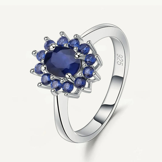 Women's Blue Sapphire Silver Vintage Flower Gemstone Ring