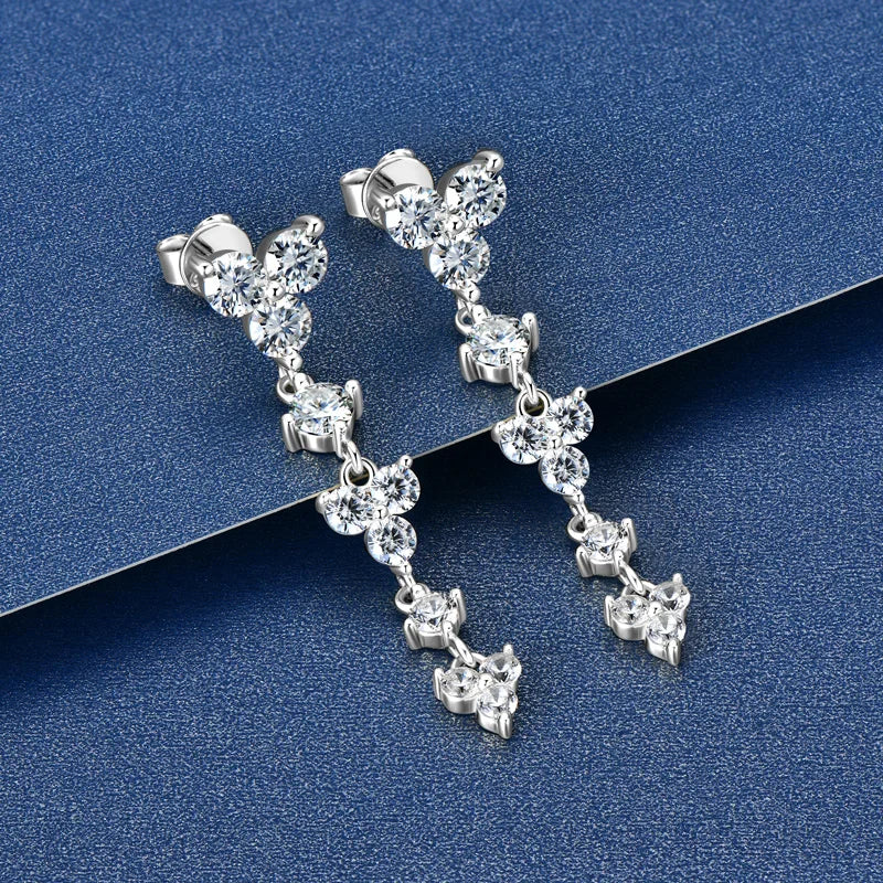 Women's 925 Silver Moissanite Long Drop Studs   Earrings
