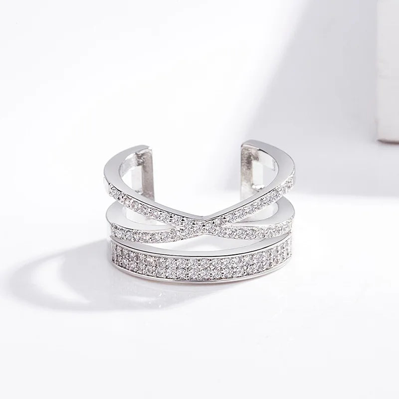 Womens Cross Twist Double Layer Rhinestone Adjustable Rings