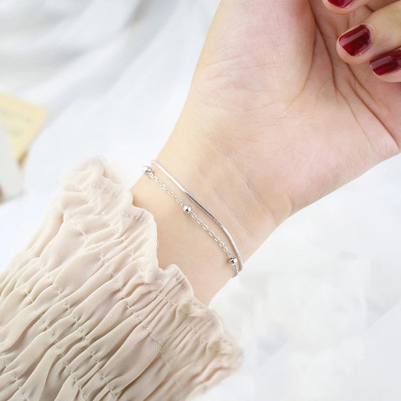 Women's Sterling Silver Bead Chain Double Layer Bracelet