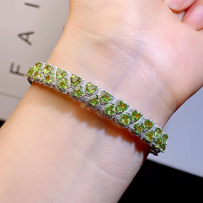 925 Silver Bangle Bracelet 23 Pieces Heart Shape Peridot Bracelet.