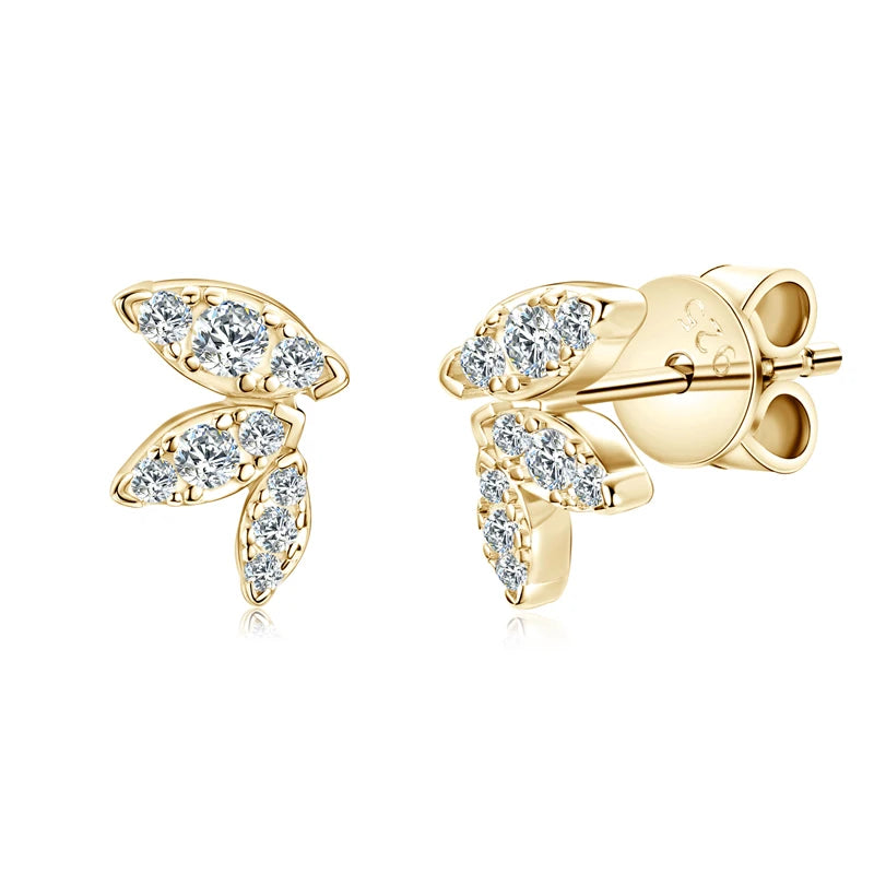 Womens Leaf-shape Moissanite Silver Mini Studs Earrings