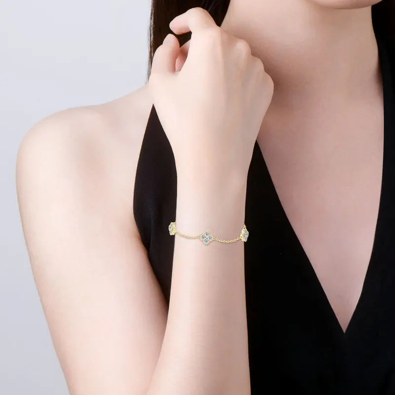18k Gold Plated Silver Flower Clover  Moissanite Bracelet