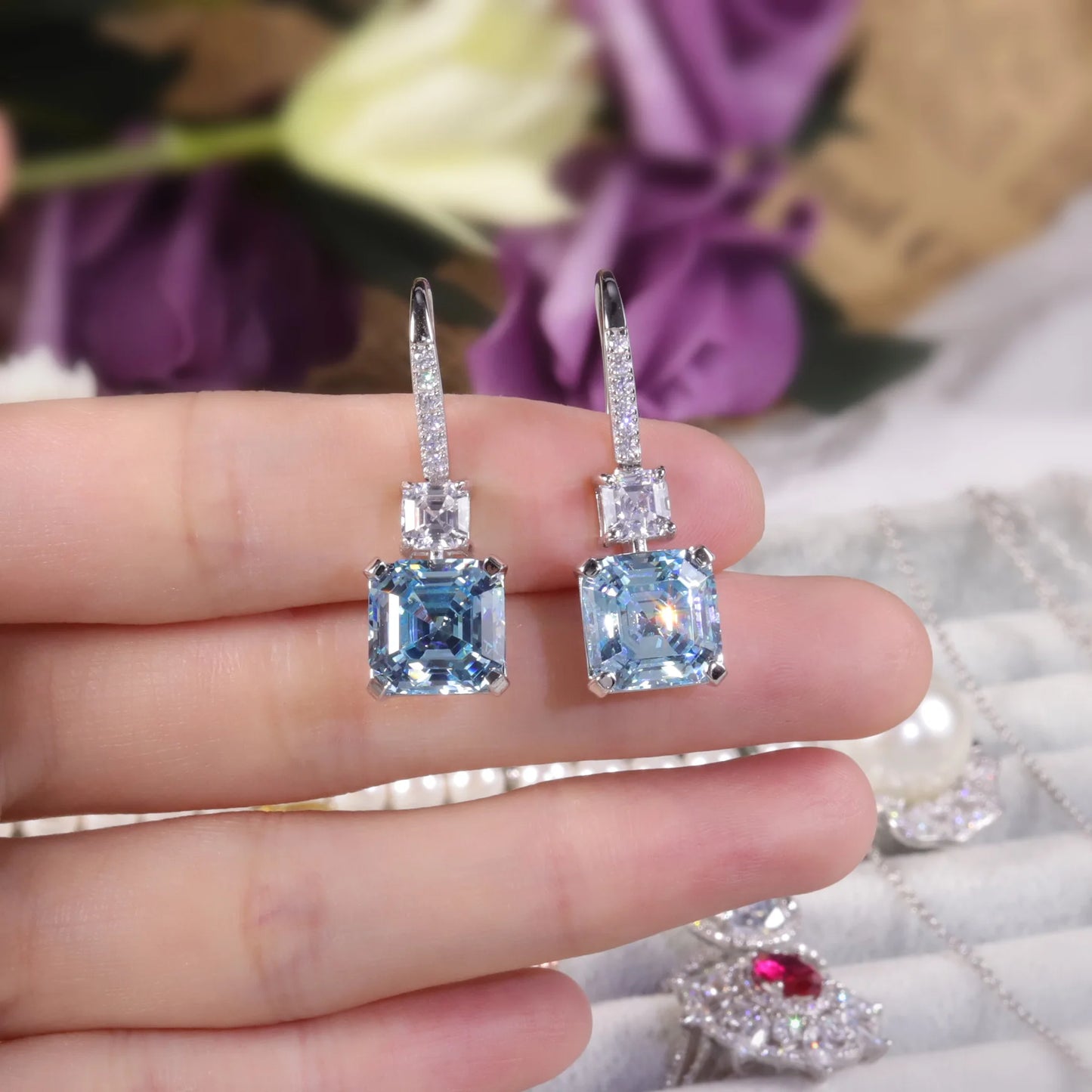 Women's Sterling Silver Gold Plated Diamond Blue Earrings