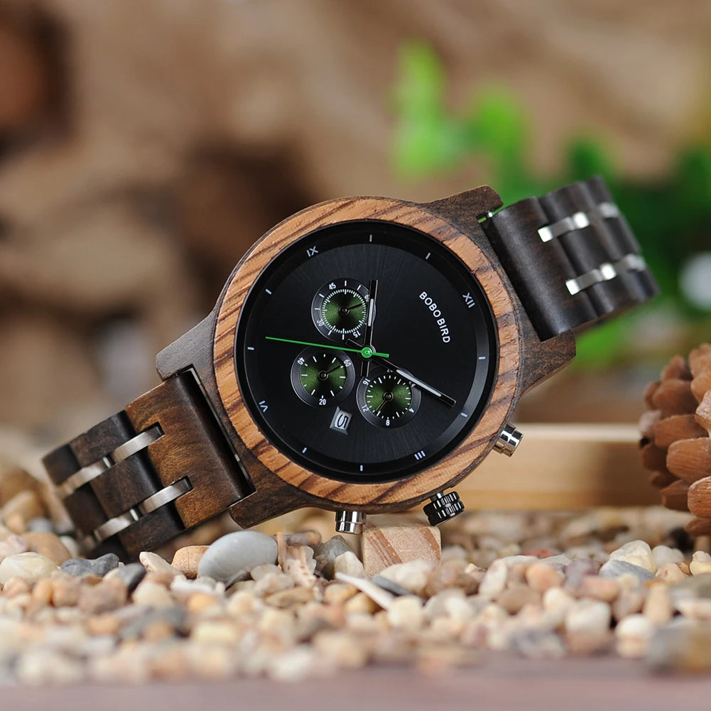 Women Chronograph Watch With Auto Date Versatile Wooden Timepieces.