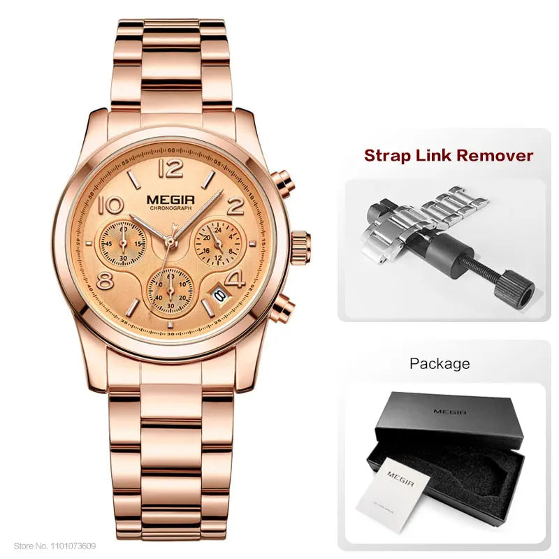 Chronograph Quartz Watches Women Top Brand Luxury Rose Gold watch.