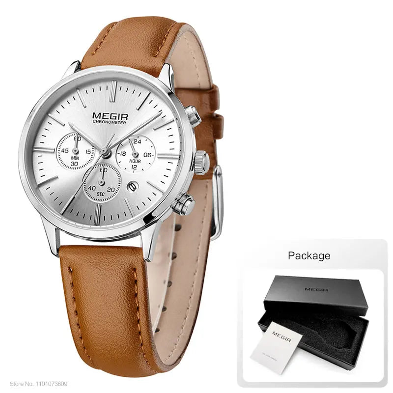 Chronograph Date Indicator Brown Leather Strap Quartz Watch for Women.