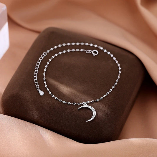 925 Sterling Silver Gold Braclet Women, Moon Zircon Pendants Anklet.