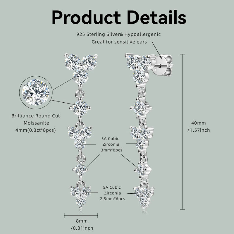 Women's 925 Silver Moissanite Long Drop Studs   Earrings