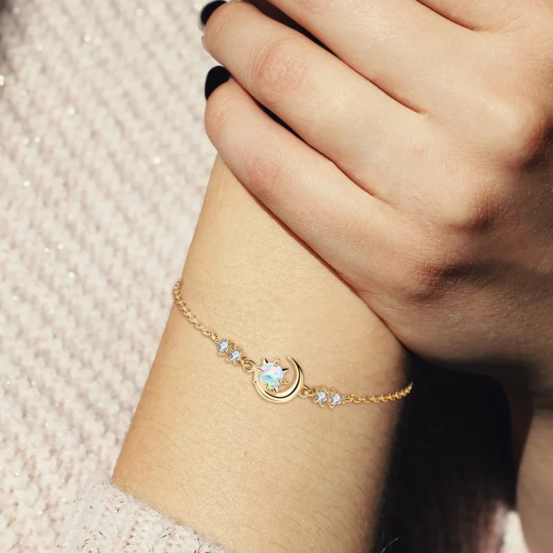 Womens White Silver Chain Opal Sun and Moon Bracelet
