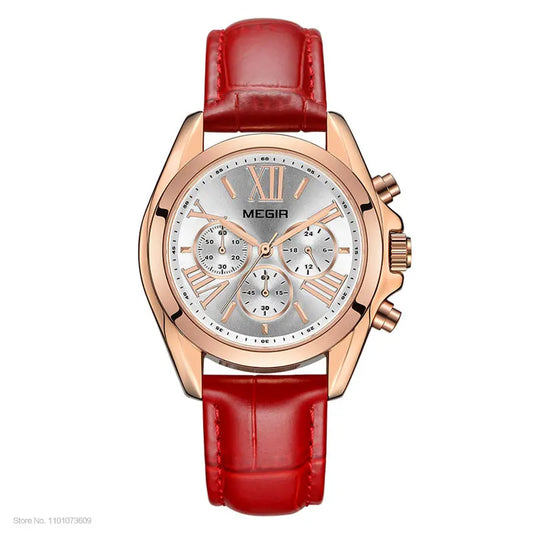 Women's Quartz Red Watches, Chronograph Leather Strap Wristwatch