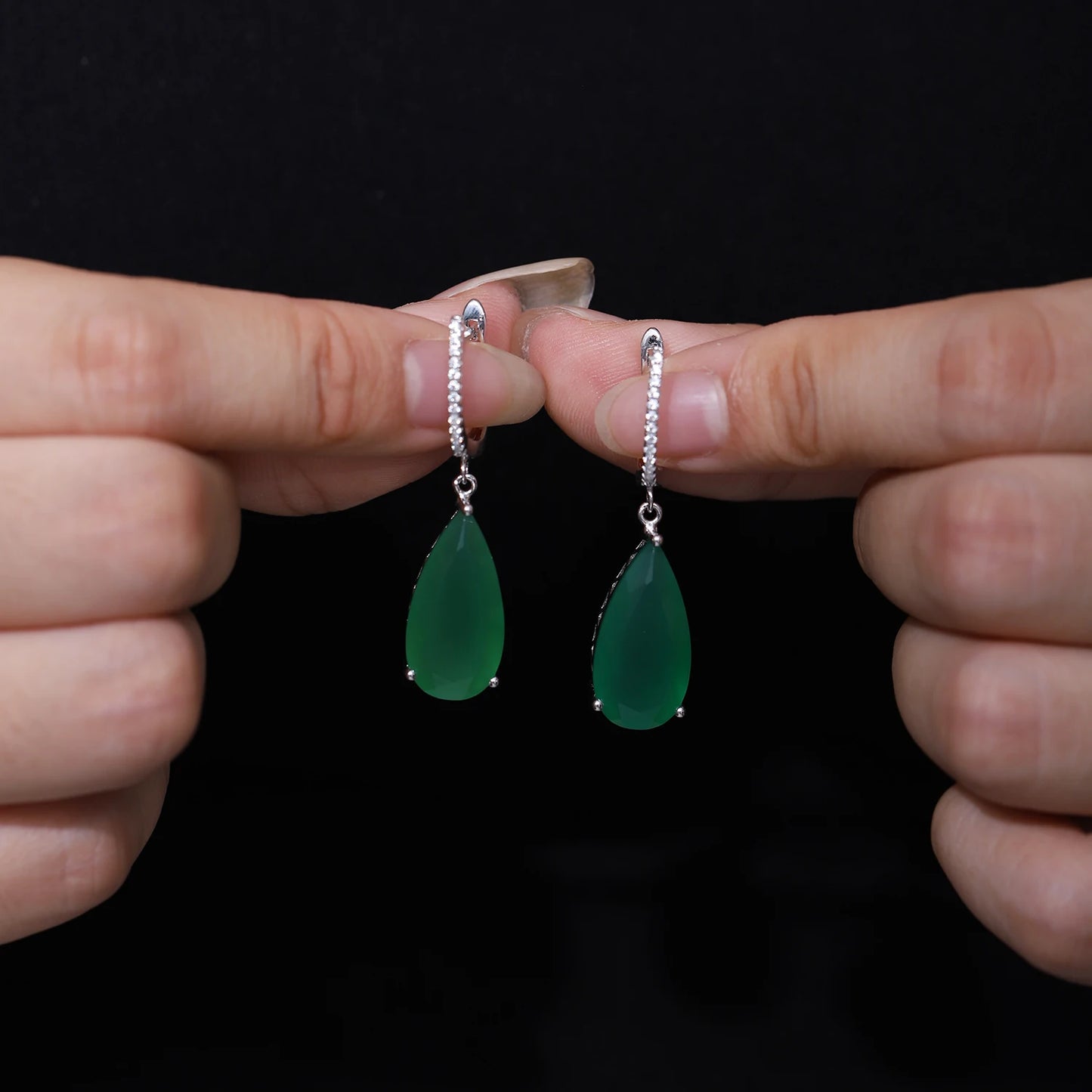 Women's 925  Sterling Silver Green Agate Drop Earrings