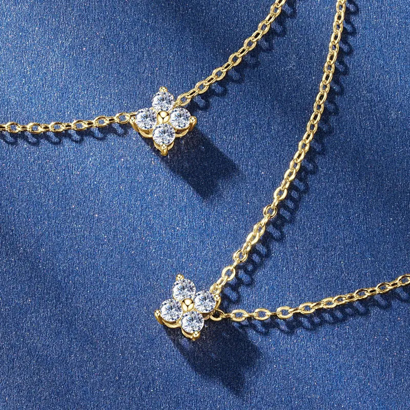 10K Gold Clover Flower Moissanite Necklace Adjustable Chain