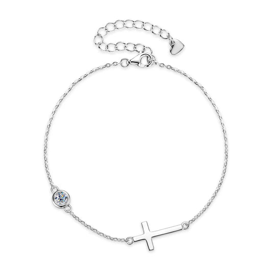 Womens Silver Cross Bracelet With Bezel Moissanite Diamond