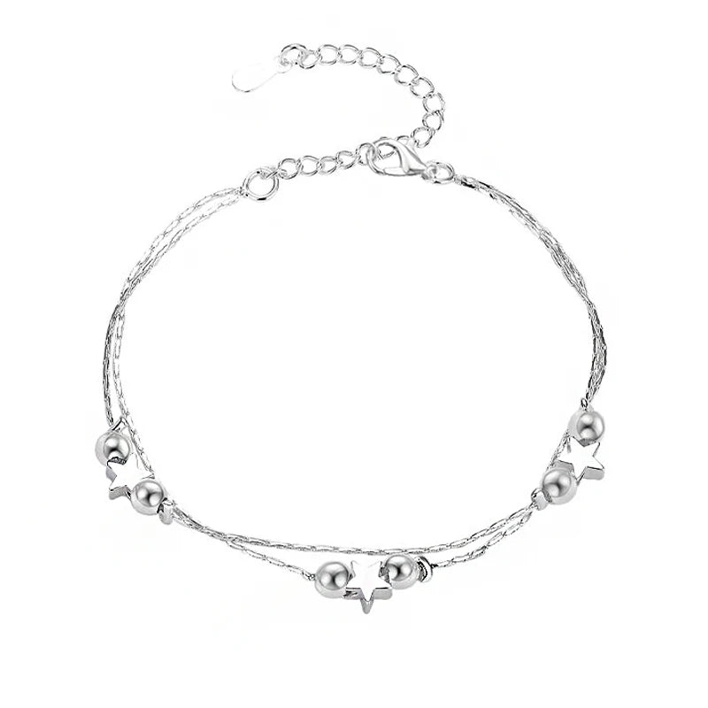 925 Sterling Silver Double Layers Heart & Star Charm Anklet