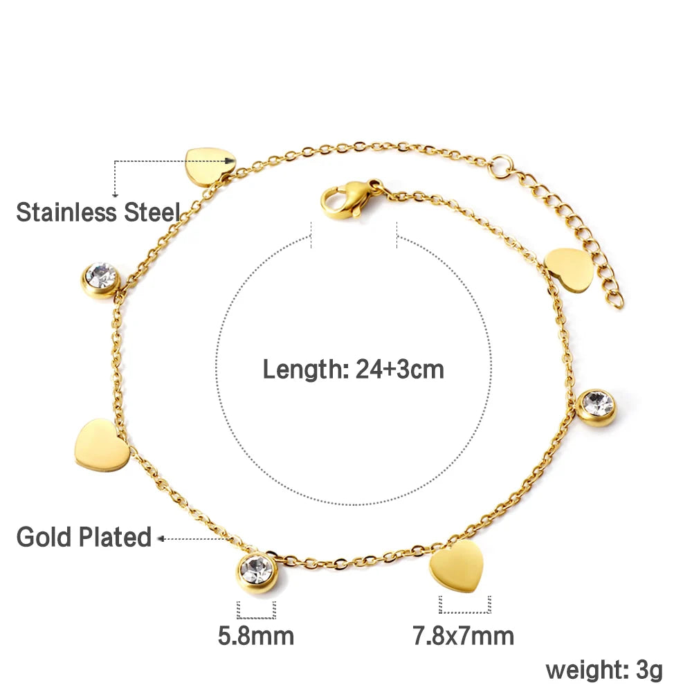 Heart Charm With Crystal Anklets for Women Stainless Steel Bracelet.