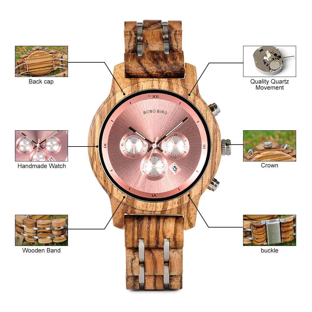 Women Chronograph Watch With Auto Date Versatile Wooden Timepieces.