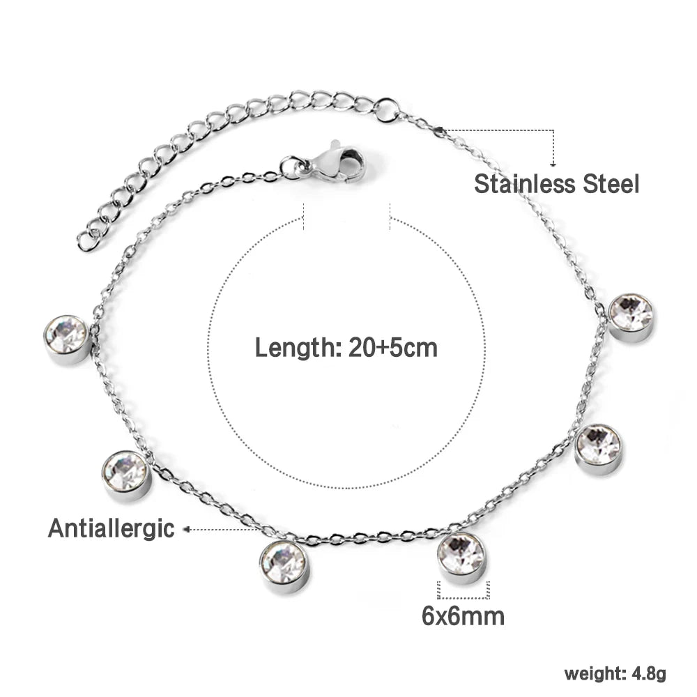 Stainless Steel Anklet for Women Cubic Zirconia Crystal Charm.