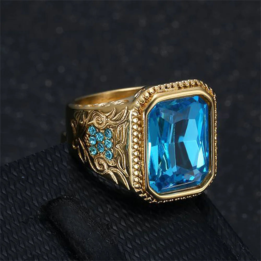 Hip Hop Stainless Steel Blue Square Ring For Men
