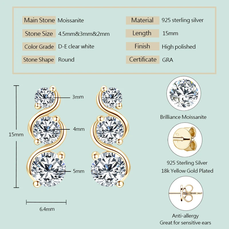 Women's18K Gold Plated Round Moissanite Drop Earrings