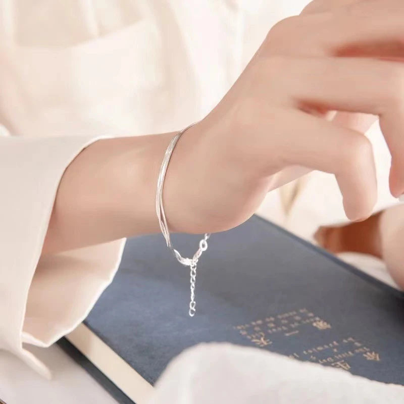 Women's Sterling Silver Three Layer Thread Chain Bracelet