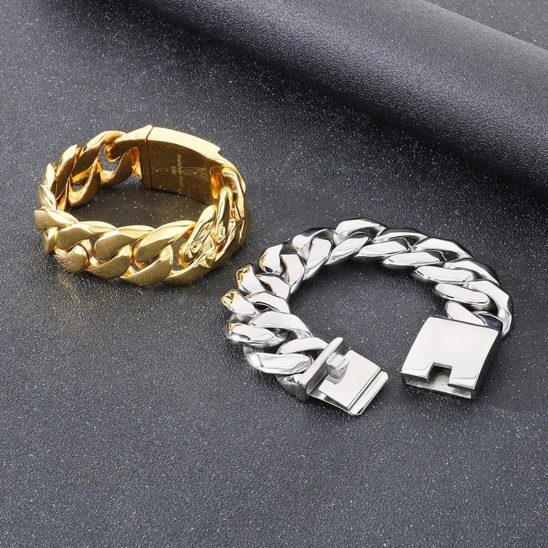 24mm 316L Stainless Steel Cuban Chain Mens Bracelet Black/Gold Color.