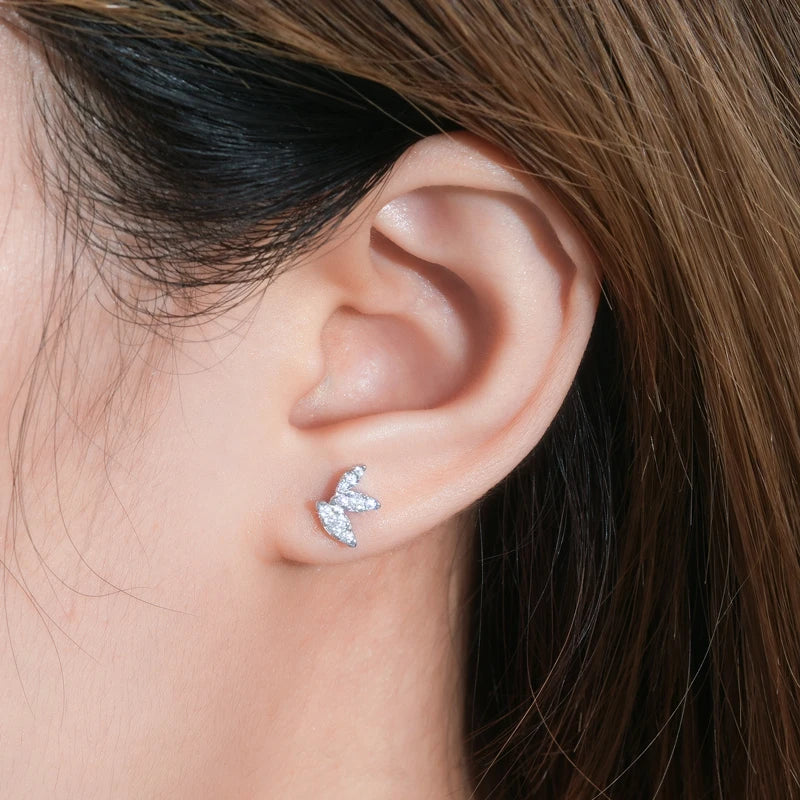 Womens Leaf-shape Moissanite Silver Mini Studs Earrings