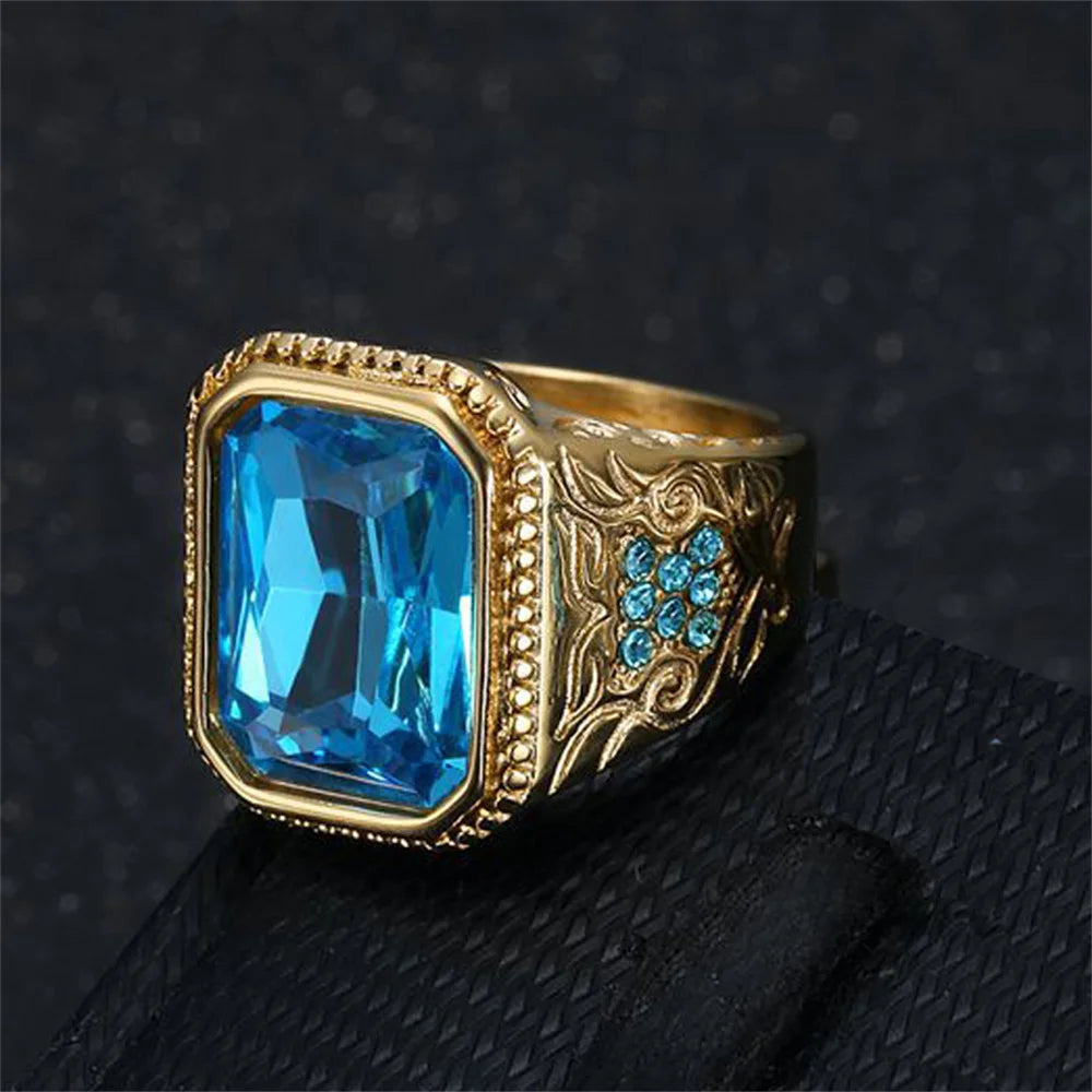 Hip Hop Stainless Steel Blue Square Ring For Men