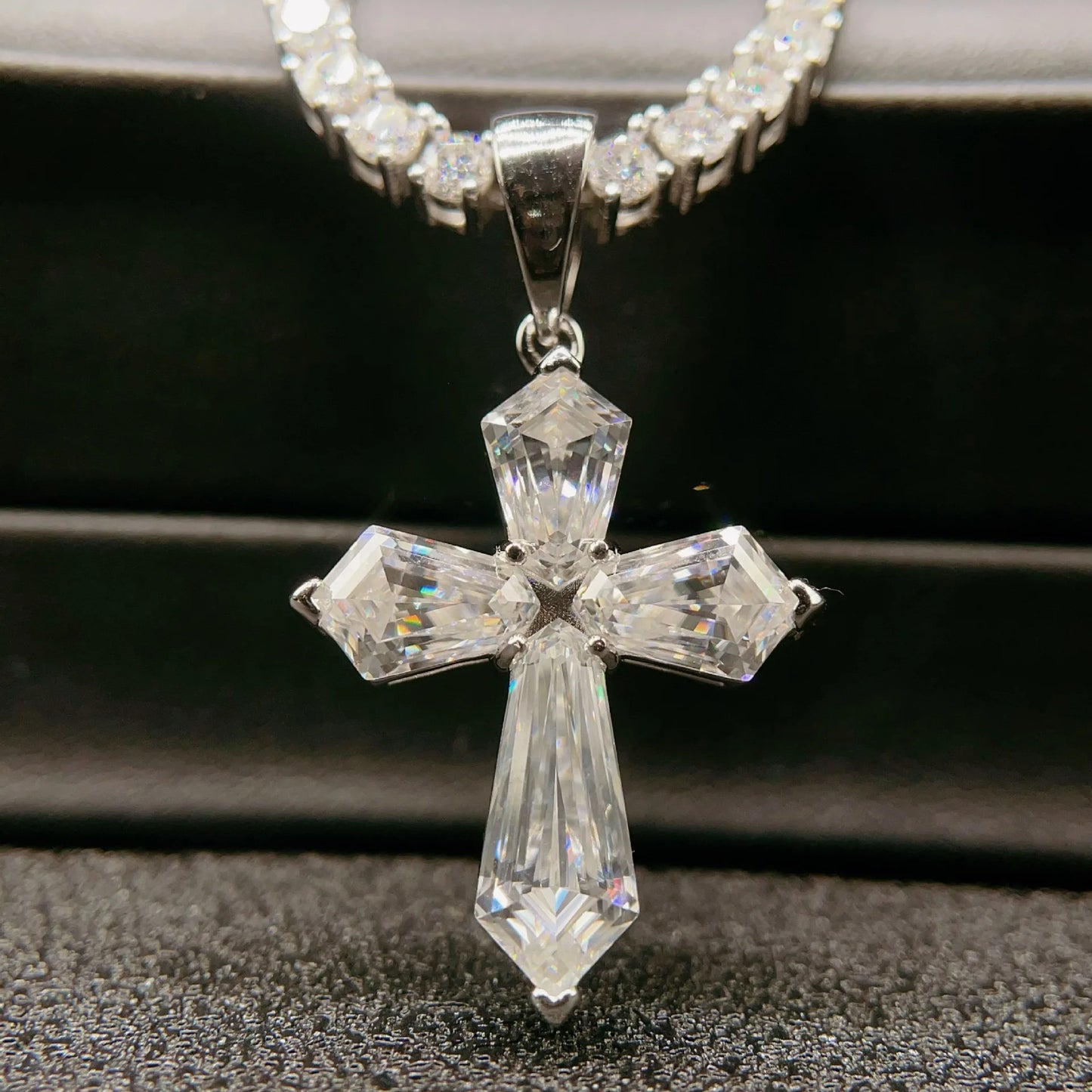 Iced D Color Moissanite Cross Tennis Necklace, Mens Sterling Silver.