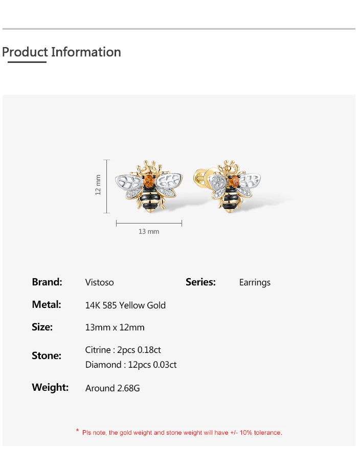 14K 585 Yellow Gold Bee Earrings For Women Citrine Diamond.