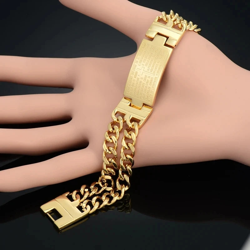 Bible Cross Charm Bracelets Gold Stainless Steel for Men