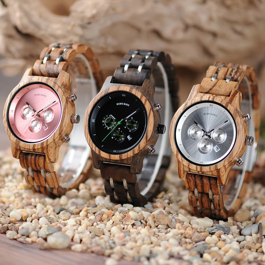 Women Chronograph Watch With Auto Date Versatile Wooden Timepieces.