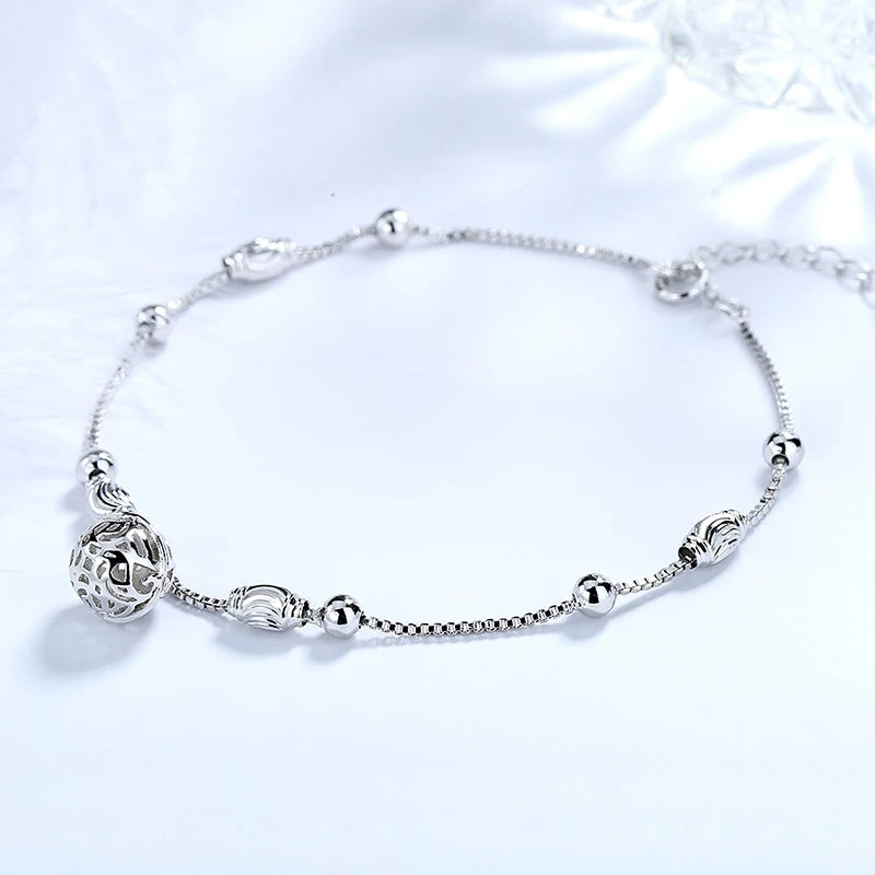 Sterling Silver Gold Braclet Women Round Bell Ball Pendant Anklets.