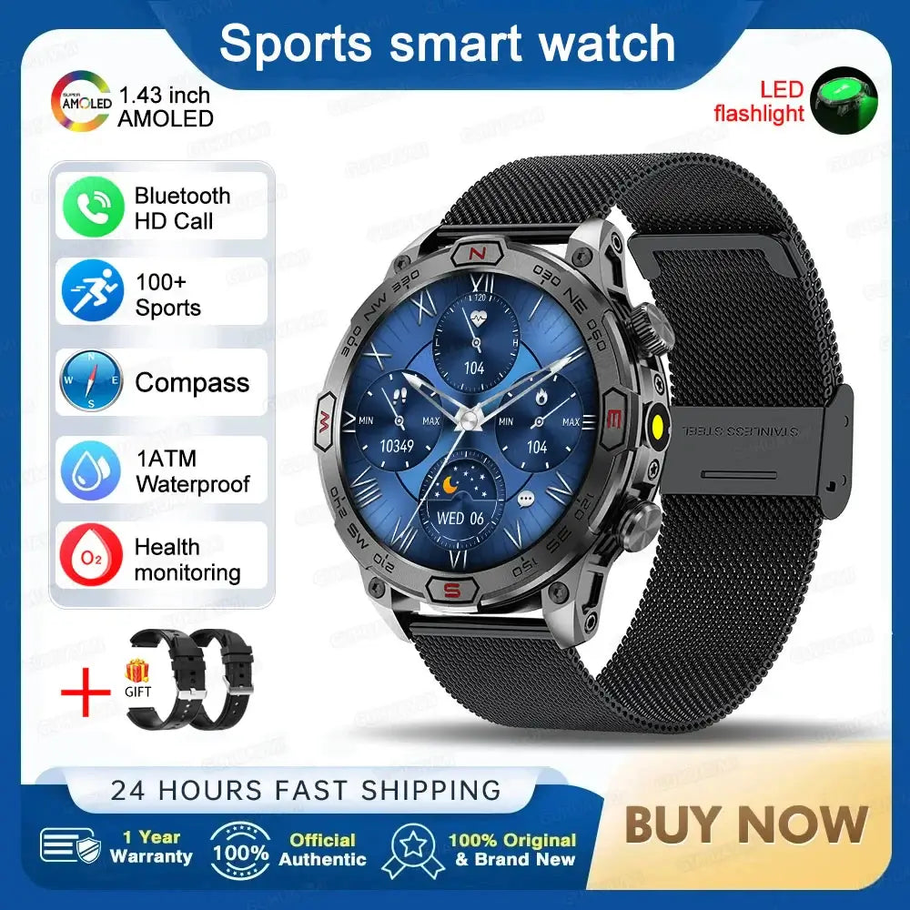 Smart Watch Mens 1.43-Inch HD AMOLED Screen GPS Compass Bluetooth. fashion smart Watch,Fit Bit Mens Watch,Mens Smart Watch