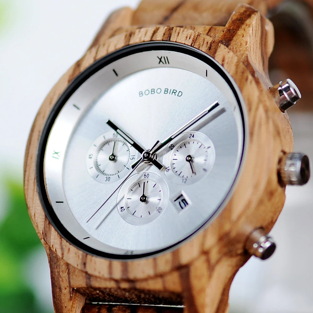 Women Chronograph Watch With Auto Date Versatile Wooden Timepieces.