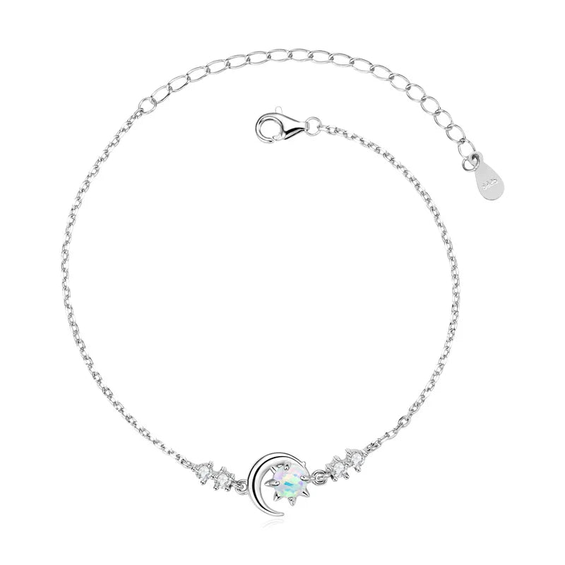 Womens White Silver Chain Opal Sun and Moon Bracelet