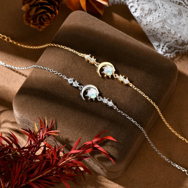 Womens White Silver Chain Opal Sun and Moon Bracelet