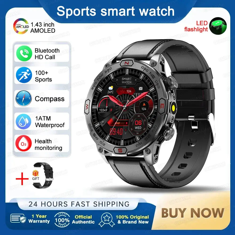 Smart Watch Mens 1.43-Inch HD AMOLED Screen GPS Compass Bluetooth. fashion smart Watch,Fit Bit Mens Watch,Mens Smart Watch