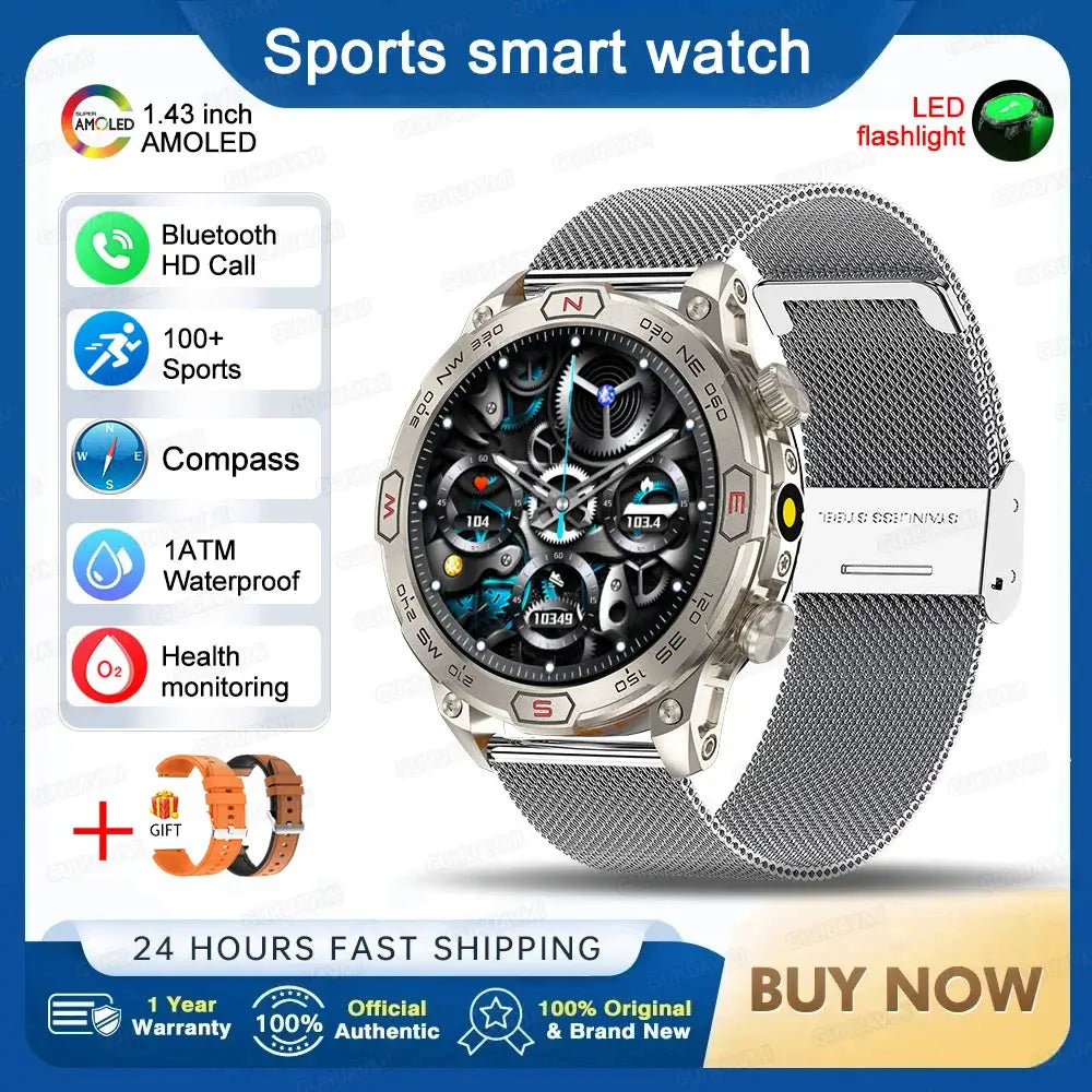 Smart Watch Mens 1.43-Inch HD AMOLED Screen GPS Compass Bluetooth. fashion smart Watch,Fit Bit Mens Watch,Mens Smart Watch